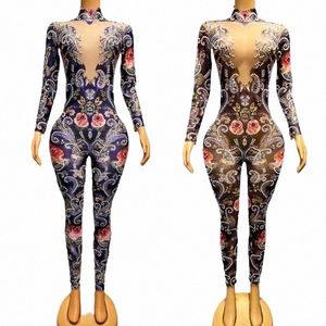 scintillante 3D Rose Stampa Full Diamd One Piece Tuta Discoteca Dj Party Pole Dance Outfit Donna Stage Daner Costume XS6082 M6KQ #