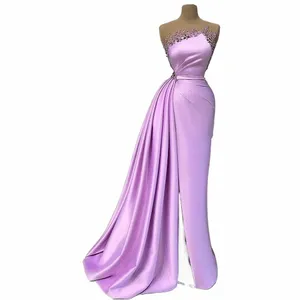 2023 Purple Elegant Lilac Satin Mermaid Prom Dres With Tarin Side Split Crystal Beads For Women Gowns Formal Evening Gowns 48TR#
