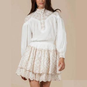 Two Piece Dress Stand Collar Lantern Sleeve Embroidered Cut-Out Mini Drop Delivery Apparel Womens Clothing Sets Dhew0