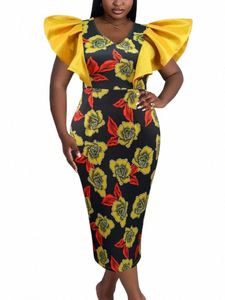 Kwiatowce drukowane dr Women 2023 V Neck Yellow Patchwork Flare Sleeve Empire Bodyc Cocktail Party Promowe suknie Promowe Plus Size E4ig#