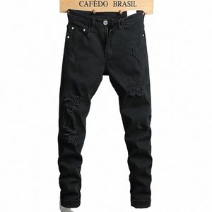 Calças de verão Homens Preto Jeans Rasgados Fi Streetwear Casual Slim Fit Cott Ankle-Length Denim Calças c8kv #