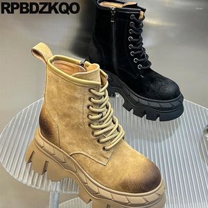 Boots Army Military Elevator Plush Platform High Heels Shoes Chunky Ankel Fårskinn Kvinnor Zip Round Toe Lace Up pälsfodrad Combat