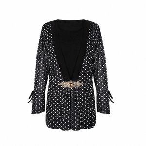 Yitglian Women Autumn Diamd Diamd Flare Lg Sleeve Classic Polka Dot تحقق من Tunic Blouse بالإضافة إلى حجم القمصان العلوية W097 R0XQ#