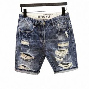 Fi Vintage Coreano Men's Summer Denim Shorts com Distred Holes Slim Fit Distred Holes Designer Luxury Clothing Men K9DG #