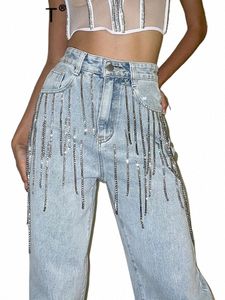 DEAT KVINNER JEANS HÖG Midja Shining LG Tassel Diamd Chain Solid Color Straight Denim Pants 2024 Summer New Fi 29L3492 65BP#