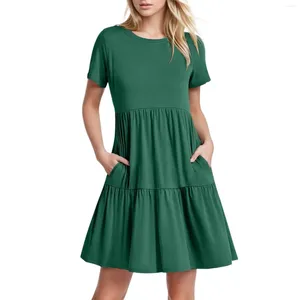 Günlük Elbiseler 2024 Kadınlar İçin Yaz Kısa Kollu Kısa Kollu Çırpılmış Katmanlı Uzun Elbise Kadın Zarif Mürettebat Boyun Maxi