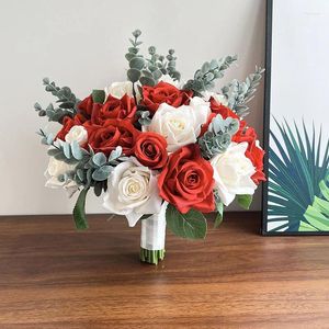 Hochzeitsblumen, großer Brautstrauß, rot-beige Seidenrosen, künstliche Hochzeit, Braut-Holding-Blumen-Accessoires, handgefertigt