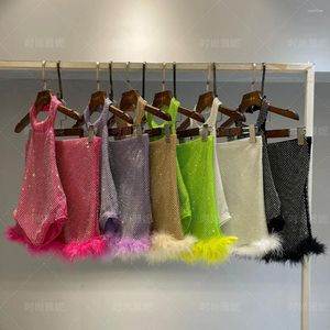 Work Dresses Fashion Ladies Banquet High-Grade Diamond-Embedded Sexy Halter Top Ostrich Feather Hip Skirt Net Drill Sets For Women's