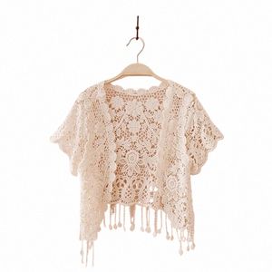 womens Summer Short Sleeve Tassels Lace Cardigan Floral Crochet Beach Cover Up Shrugs Open Frt Crop Jackets N7YD n3nj#
