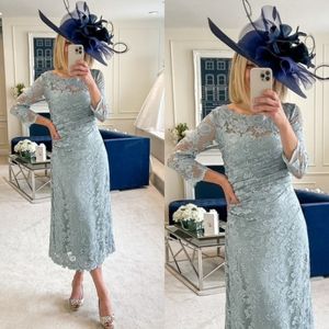 Haze Blue Lace Mother of the Bride Dresses Scoop Neck Long Sleeves Wedding Gästklänning Te Längd plus storlek Formell Mother Outfit