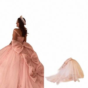 Angelsbridep Pink Bow Quinceanera Dres Off 어깨 꽃 구슬 레이딩 레이스 멍청이 DE 15 ANOS 공식 파티 파티 드레스 코르셋 V7SJ#