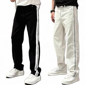 2023 FI Nya herr Jeans Spring Autumn Man Side Rand Loose Pants Straight Wing Black Streetwear Vintage Denim Trousers 89x7#
