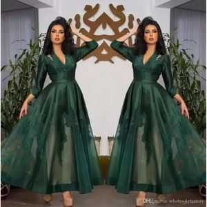 Dark Green V Neck Satin Evening Dresses Long Sleeves Tulle Lace Applique Ruched Ankle Length Prom Formal Wear Party Gowns