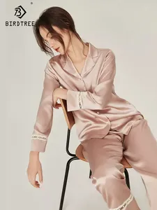 Kvinnors sömnkläder Birdtree 6A Mulberry Silk Pyjamas Set spets Långärmad elegant enkelhet Hem Fury 2024 Spring S419104QC