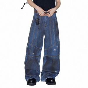 Pfnw zużyte męskie dżinsy Vintage High Street szerokie nogi dżinsowe spodnie duże męskie spodnie 2023 Zima nowe 28W2399 G88S#