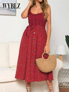 Casual Dresses Summer Maxi For Women Ruffle Edge Polka Dot Printed Camisole Dress Button Design Långt med bälte