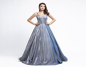 2019 luksusowy bling błyszczące refleksyjne sukienki wieczorowe ALINE YOSEEF Aljasmi spaghetti v szyja z kieszenią Dubai Arabski Prom formalny Go9501804