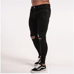 Jeans masculinos homens grande buraco preto cores sólidas estiramento slim fit longo denim calças hip hop lápis para masculino gota entrega vestuário roupas dhhem