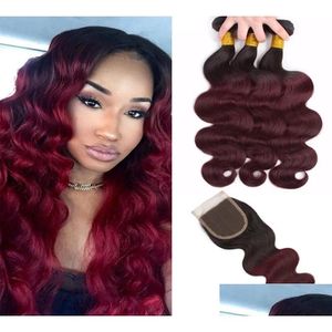 Tramas de cabelo humano com fechamento 8A Ombre Brasileiro Onda Corporal Bundles T1B99J Vermelho Dois Tons Virgem Tece Extensões Dupla Trama 4 Pcs Drop Dhtao