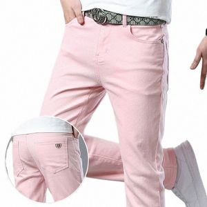 Mäns rak jeans design fi denim byxor elastiska smala raka koreanska casual röd gul rosa ungdomsparti hiphop 291h#