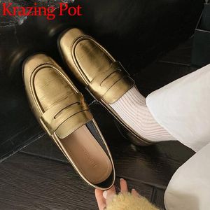 Casual Shoes Krazing Pot Sheep Leather Thick Low Heels Spring Summer Round Toe Office Lady Women Wedding Loafers Deep Mouth Vintage Pumps