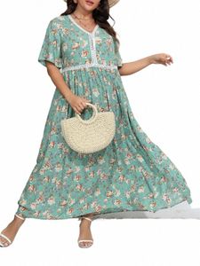 gibsie Plus Size Ctrast Lace V Neck Floral Print Dr Women 2024 Summer Holiday Boho A-line Split Beach Lg Maxi Dres o3j8#