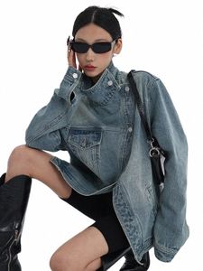 Vintage Rollkragen Denim Jacke Frauen Einreiher Volle Hülse Chic Mantel 2024 Neue Frühling Herbst Streetwear Jeans Mantel b08K #