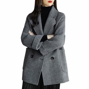 Осень-зима женская шерстяная куртка средней длины с отложным воротником двубортный кардиган пальто теплое пальто женская верхняя одежда c8Id #