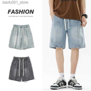 Męskie szorty 2023 Letnie nowe męskie szorty luźne szwy proste nogi dżinsy modne szerokokadłubowe elastyczne talia koreańska streetwear Q240329