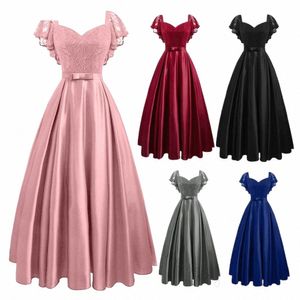 2023 Ruffle Sleeve Party Satin Floral Lace LG Dr Pink Red Black Blue Hollow Out Women Spring Summer Evening Maxi Vestidos 32ih#