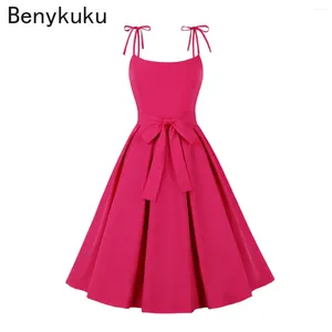 Casual Dresses Sweet Knot Strap Vintage Party Summer 2024 Pink and White Plaid Pleated Elegant Evening Pinup Women Dress Robe Femme