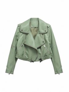Streetwear feminino solto rebite falso couro curto jaqueta primavera outono feminino moto biker zíper cinto casaco outerwear 35ok #
