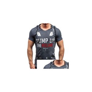 Men'S T-Shirts Summer Sweatshirt Sport Muscle Man Casual Hooded T-Shirt Short Sleeve Slim Tight Mens Letter Print Bottom Drop Delivery Dhmij