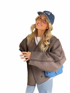 brown Cropped Woolen Cardigan Jackets Women V Neck Lg Seeve Warm Butt Coat 2023 Autumn Winter Lady Commuter Outwears 28eq#