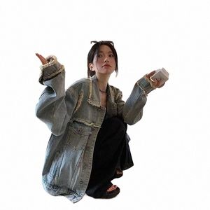 2024 Autumn Lg Sleeve Ripped Denim Jacket Women Harajuku Turn Down Collar Loose Coat Woman Streetwear Jean Jacket Tops l3U8#