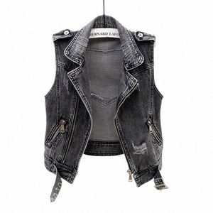 Gray Jean Cowboy Waistcoat Hole denim Kvinnor Väst kvinnlig vår Höst ärm vilda toppar korta jacka flickor rippade 5xl väst 493t#