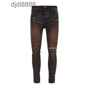 Herren Designerhose OFFamira DENIM |Doppelknopf-Design mit mittlerer Taille für eine schmale rotbraune Jeans-Reparatur