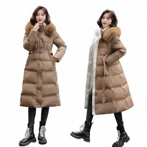 Winter 2023 Neue Down Cott Parkas Jacke Frauen X-LG Über Das Knie Große Haar Kragen Koreanische Versi Abnehmen Gürtel parkas Jacke U03x #