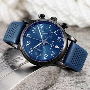 豪華なスポーツメンズウォッチブルーファッションマン腕時計レザーストラップすべてのダイヤルワーククォーツ時計