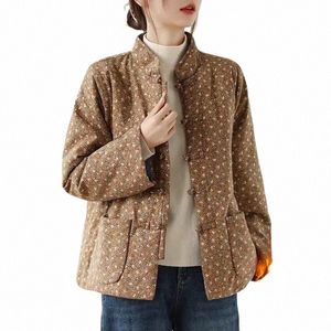 Одежда для мам среднего и пожилого возраста, осень-зима 2024, женская стеганая куртка с цветочным принтом в стиле ретро, короткое пальто K144 Q1Rd #