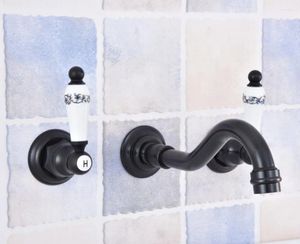 Bathroom Sink Faucets Black Oil Rubbed Brass 2 Ceramic Handle Wall Mount 3 Hole Widespread Lavatory Vessel Basin Faucet Mixer Tap Dsf496