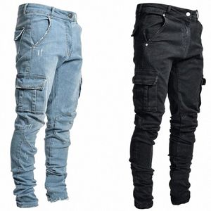 jeans Men Pants W Solid Color Multi Pockets Denim Mid Waist Cargo Jeans Plus Size Fi Casual Trousers Male Techwear Pants 752D#