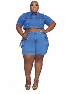 CM.YAYA FI PLUS STORLEK DENIM Women's Set Short Sleeve Jacket and Cargo Jean Shorts 2023 Chic Two 2 Piece Set Outfit Tracksuit A3ta#