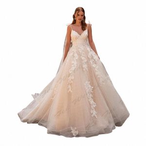 Elegante Lace Applique Wedding Dres Sexy Backl Simples Alças Sleevel Fluffy Princ Estilo Mop Vestidos de Noiva l6p6 #