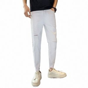 svart/vit sommar ny tunna rippade jeans byxor för män kläder 2023 alla matchar smal passande casual denim hål byxor streetwear h5py#