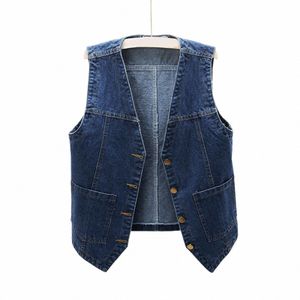 Denim Sleevel Vest Womens Butt Down Jean Jacket V Neck Casual New Fi Sleevel Colete Casacos Femininos Bolsos Jaqueta T3kF #