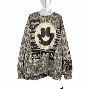 Plus -storlek Smile Letter Printing Retro Leopard Sweatshirt för kvinnlig Autumn New Big Size Ladies Pullovers Trendy Wear Sweatshirt G1XO#