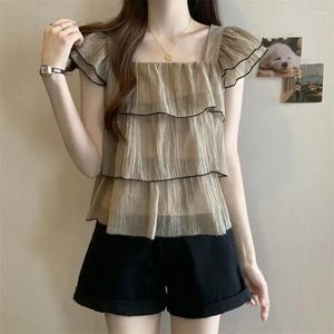 Kvinnors blusar kvinnor trendiga ruffle sweet chic blus sommar fyrkant krage korta ärm tröjor koreansk stil casual street tops y2k lj562