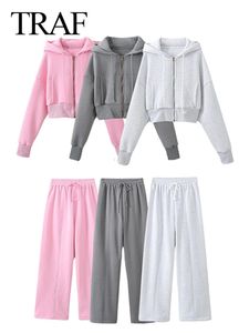 TRAF Womens Solid Sportwear Hoodie Hose Set Langarm Kapuzenjacke Casual Kordelzug Sping Female Tube Top Anzüge 240321