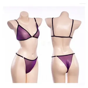 Bras sätter stor storlek Flash Silkesly Bra Thong Underwear Set Women's Sexy Thin Transparent Justerbar axelrem för Party Sex SM -spel